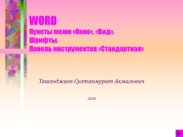 Word - Пункты меню «Окно» «Вид» Шрифты - Панель инструментов «Стандартная»