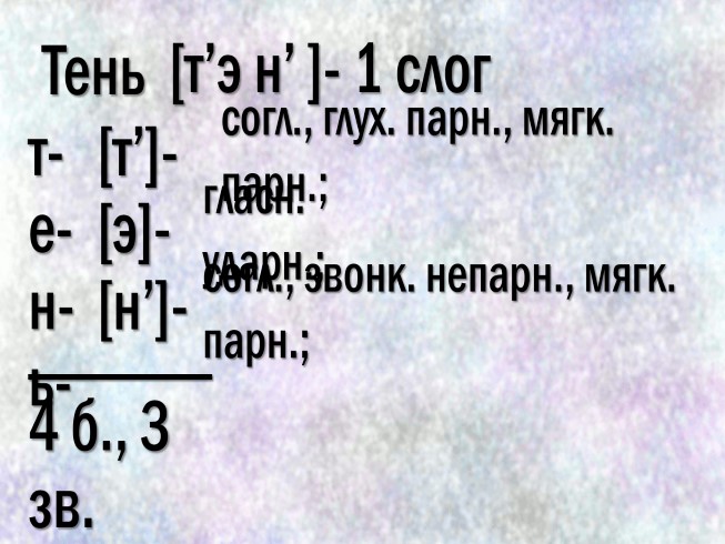 Количество звуков в слове тень. Разбор слова тень. Тень звуко буквенный разбор. Фонетический анализ слова тень.