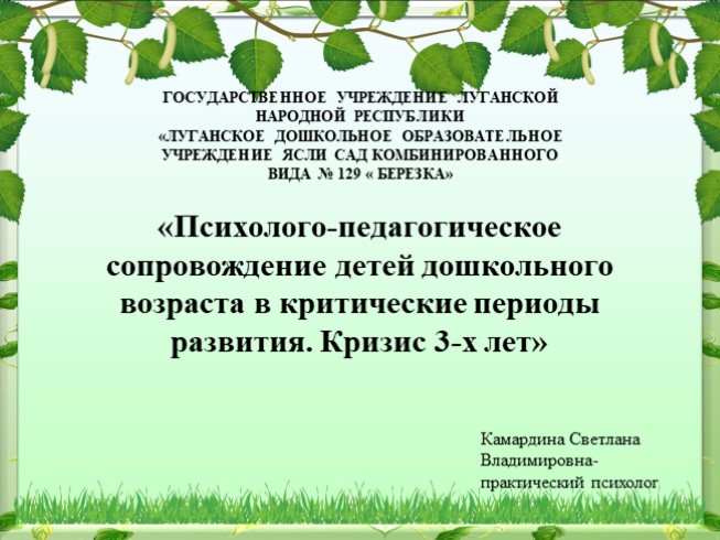 Психолого-педагогическое сопровождение детей дошкольного возраста в критические периоды развития. Кризис 3-х лет. (практический психолог)