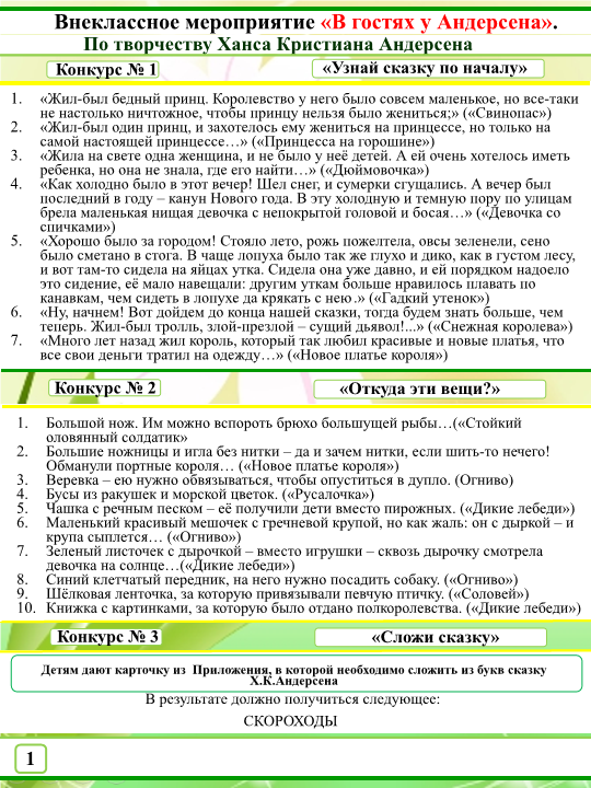 Внеклассное мероприятие «В гостях у Андерсена»