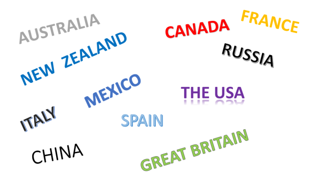 France. Australia. Canada. Russia. New zealand. Mexico. The usa. Italy. Spain. China. Great britain